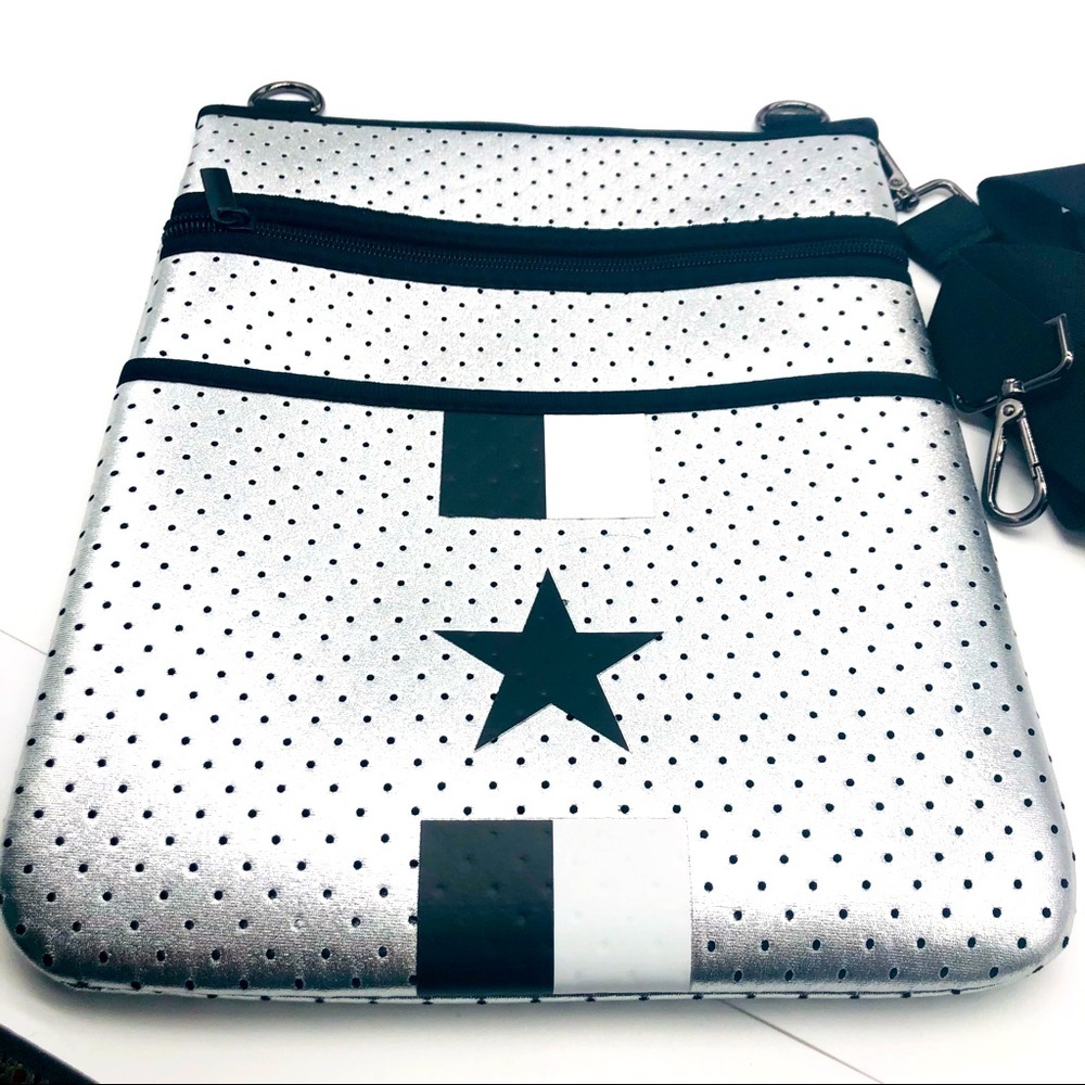 Silver Metallic Neoprene Crossbody with Black Star